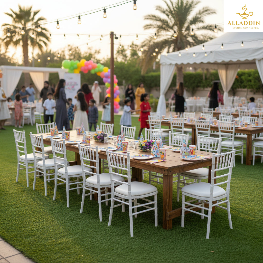 Brown Wooden Table and Chiavari Chairs for 20 Kids