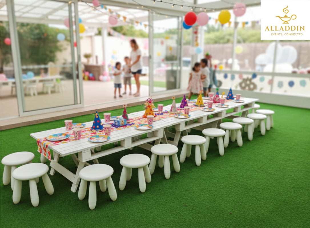 Kid's White Stools with White Wooden Table
