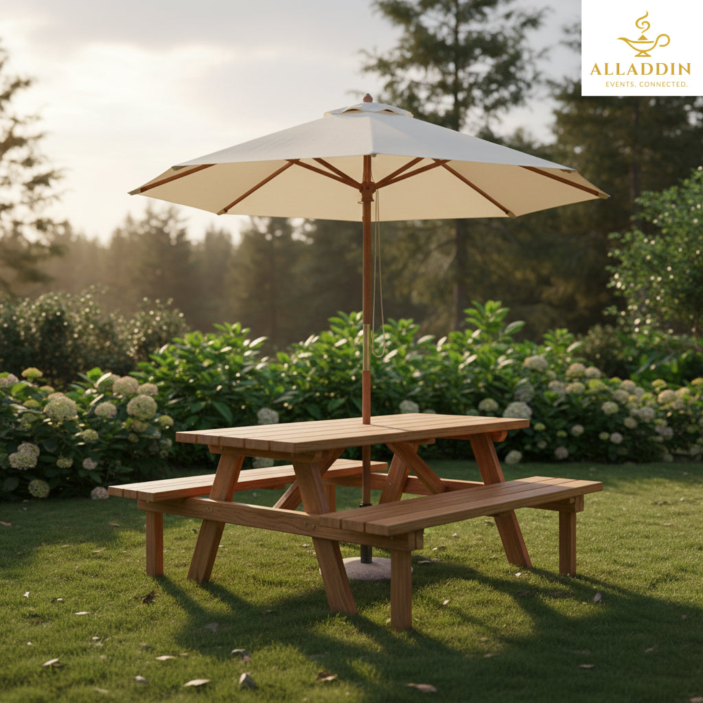 Outdoor Picnic Bench and Umbrella Setup
