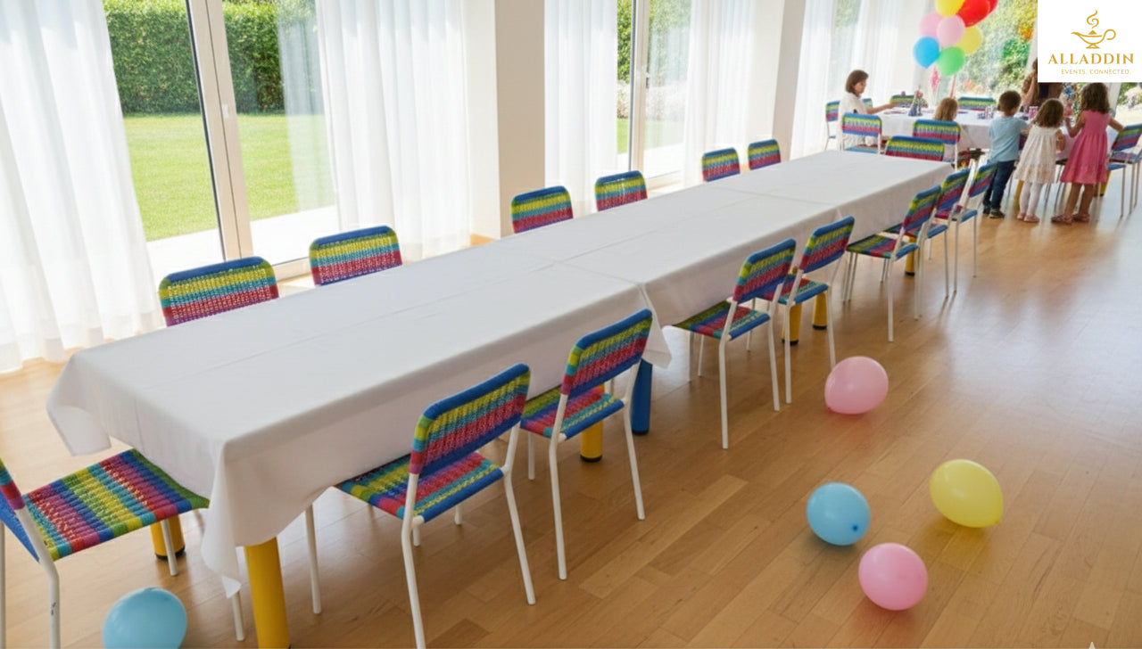 Plastic Tables and Rainbow Chairs for 20 Kids