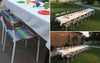 White Covered Tables and Rainbow Chairs for 20 Kids
