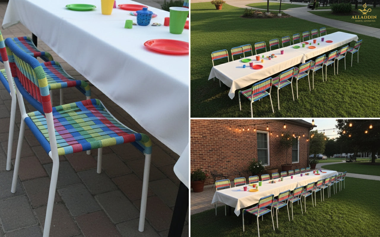 White Covered Tables and Rainbow Chairs for 20 Kids
